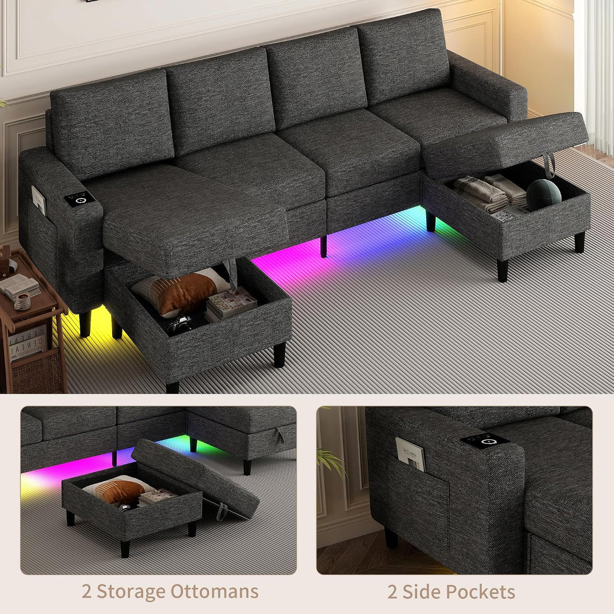 109" Sectional Couch with RGB Lights, U Shaped Couches for Living Room | Wireless Charging, USB & Type-C Port, Storage Ottoman, Reversible Chaise Lounge, Linen Fabric, Dark Grey, for Apartment