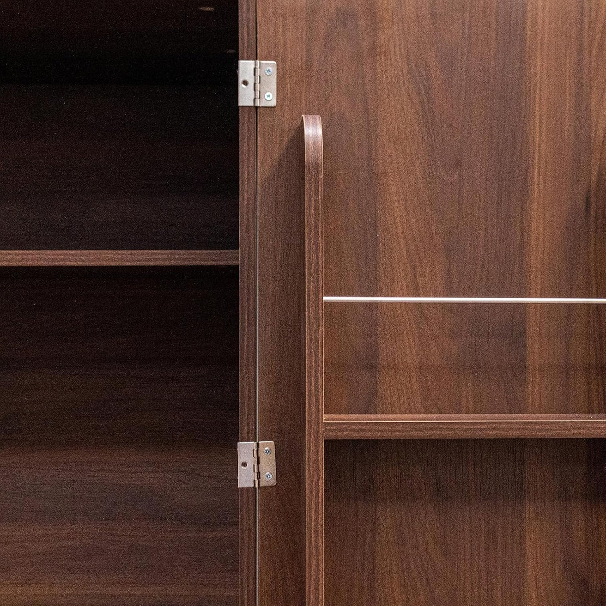 22 in Deep Kitchen Pantry Storage Cabinet with Door Shelving Walnut | 180° Doors with Bottom Rollers, Adjustable Shelves