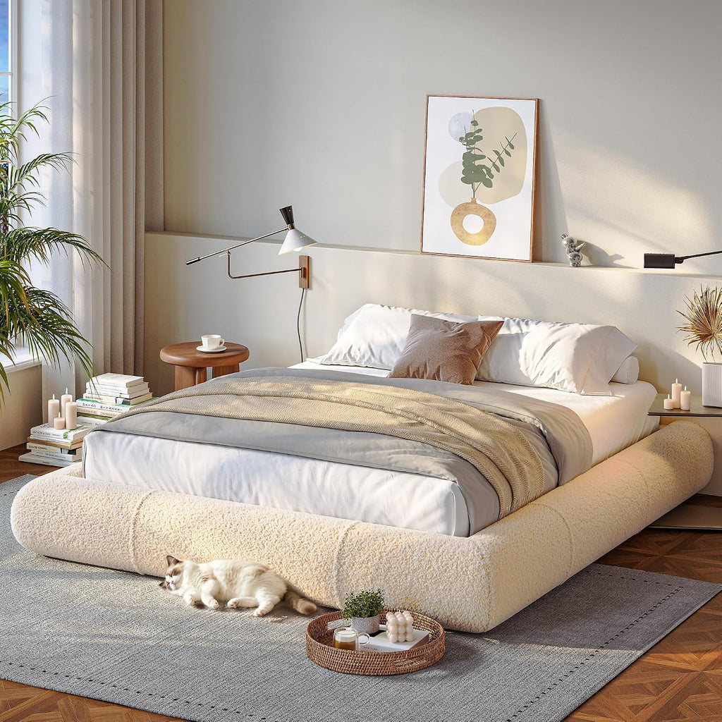 Homkdom Queen Boucle Platform Bed Frame with Anti-Collision Corners, Beige