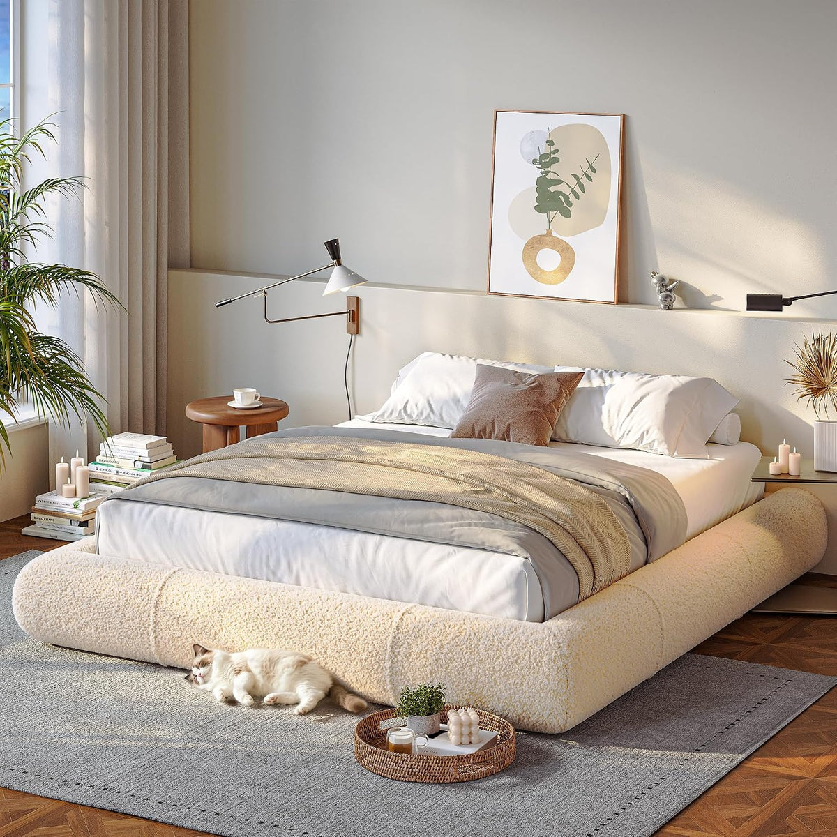 Homkdom Queen Boucle Platform Bed Frame with Anti-Collision Corners, Beige