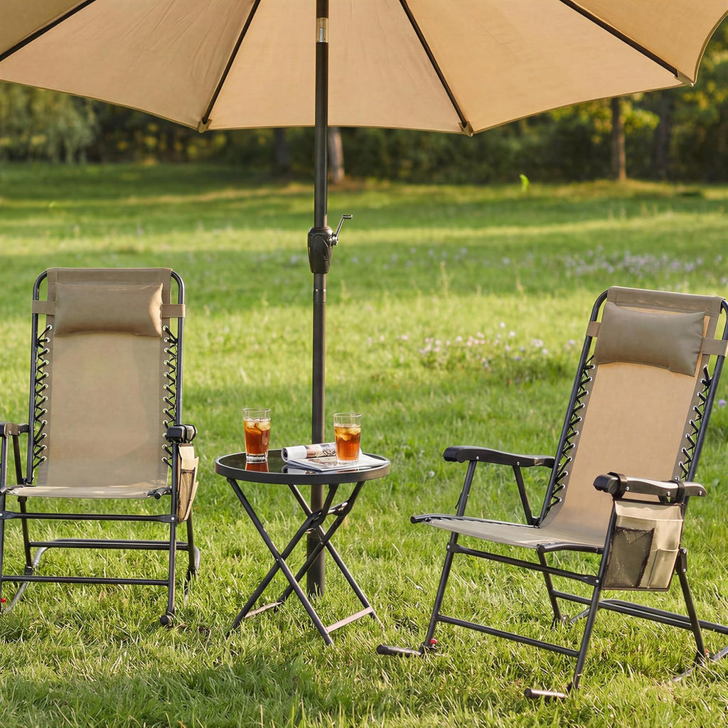 Yaheetech Patio Rocking Chair Folding Camping Chair with Pocket, Beige | Folding rocking recliner with smooth zero-gravity recline, ergonomic design with pillow. Great for patio, lawn & camping.