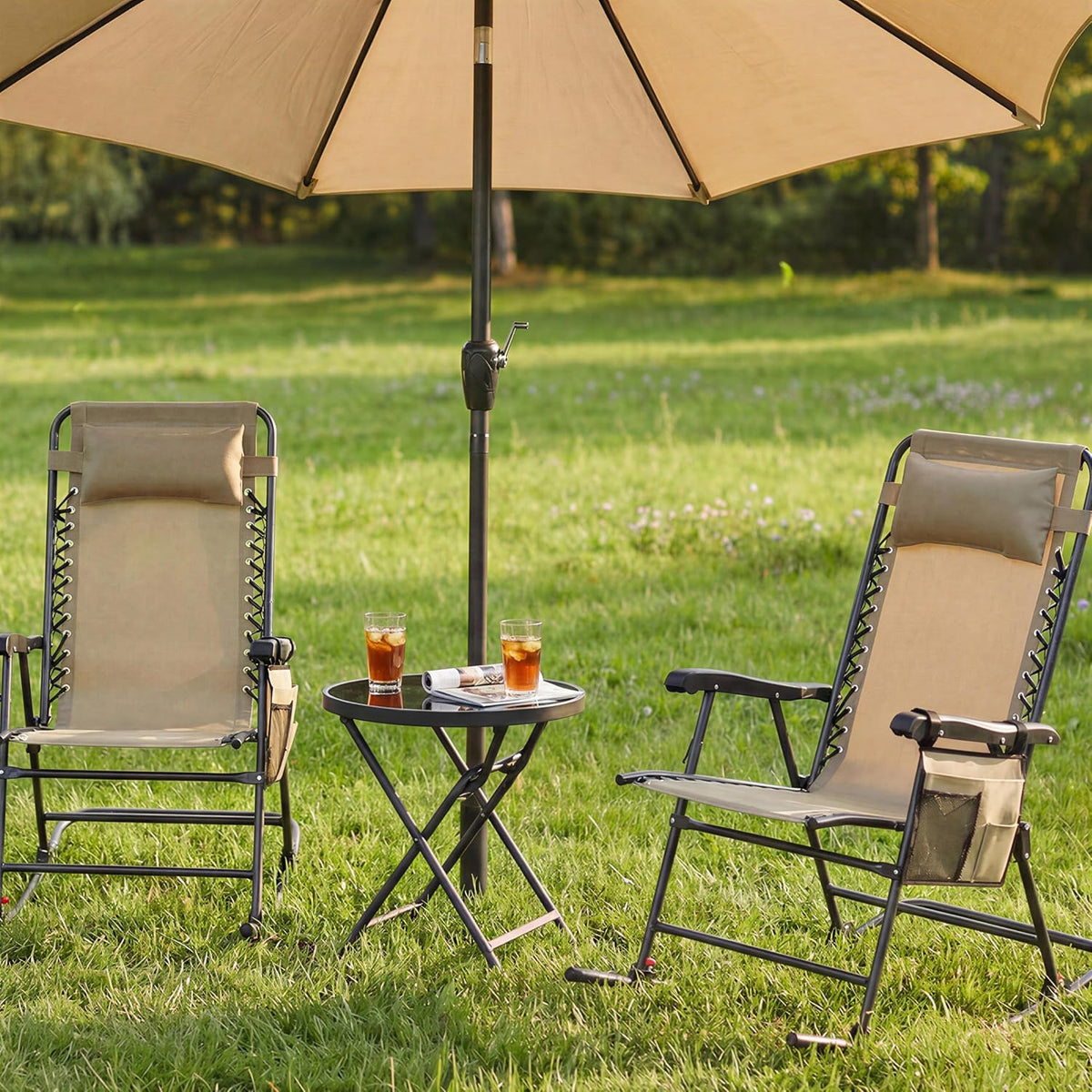 Yaheetech Patio Rocking Chair Folding Camping Chair with Pocket, Beige | Folding rocking recliner with smooth zero-gravity recline, ergonomic design with pillow. Great for patio, lawn & camping.