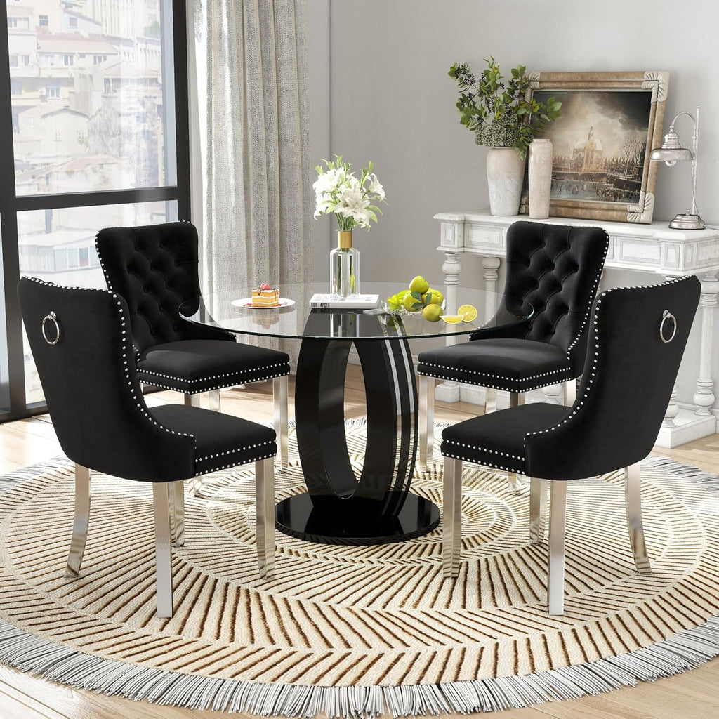 RGZ 39'' Modern Luxury Clear Glass Round Dining Table for 4-6, Glass Circle Top Kitchen Table with Elegant Silver Decorative Strips & Black Base, Small Apartment Dinner Table for Home, Living Room