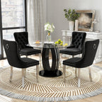 RGZ 39'' Modern Luxury Clear Glass Round Dining Table for 4-6, Glass Circle Top Kitchen Table with Elegant Silver Decorative Strips & Black Base, Small Apartment Dinner Table for Home, Living Room