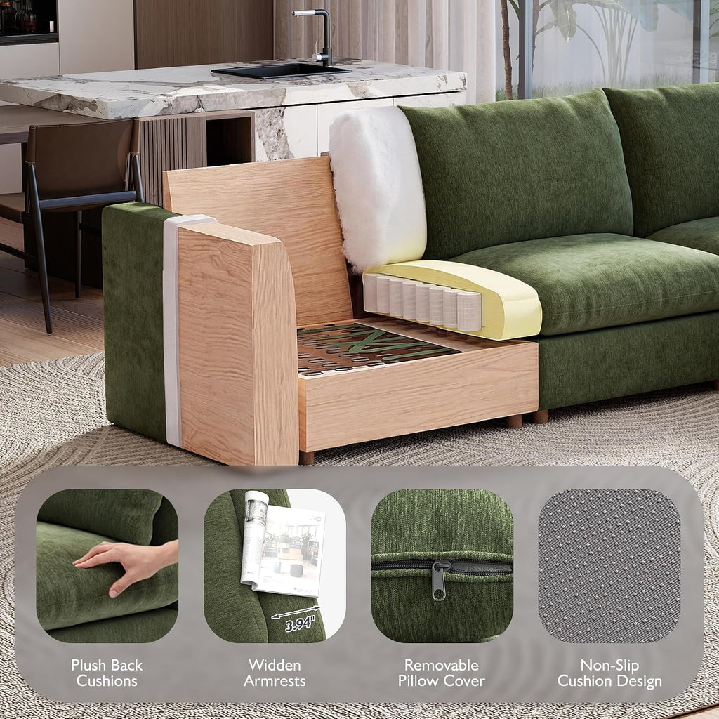 Ihanherry 117" Oversized Modular Sectional Sofa, Modern U Shaped Cloud Couch with 2 Storage Ottoman, 5-Seat Comfy Chenille Deep Seat Sofa with 2 Pillows for Living Room, Green