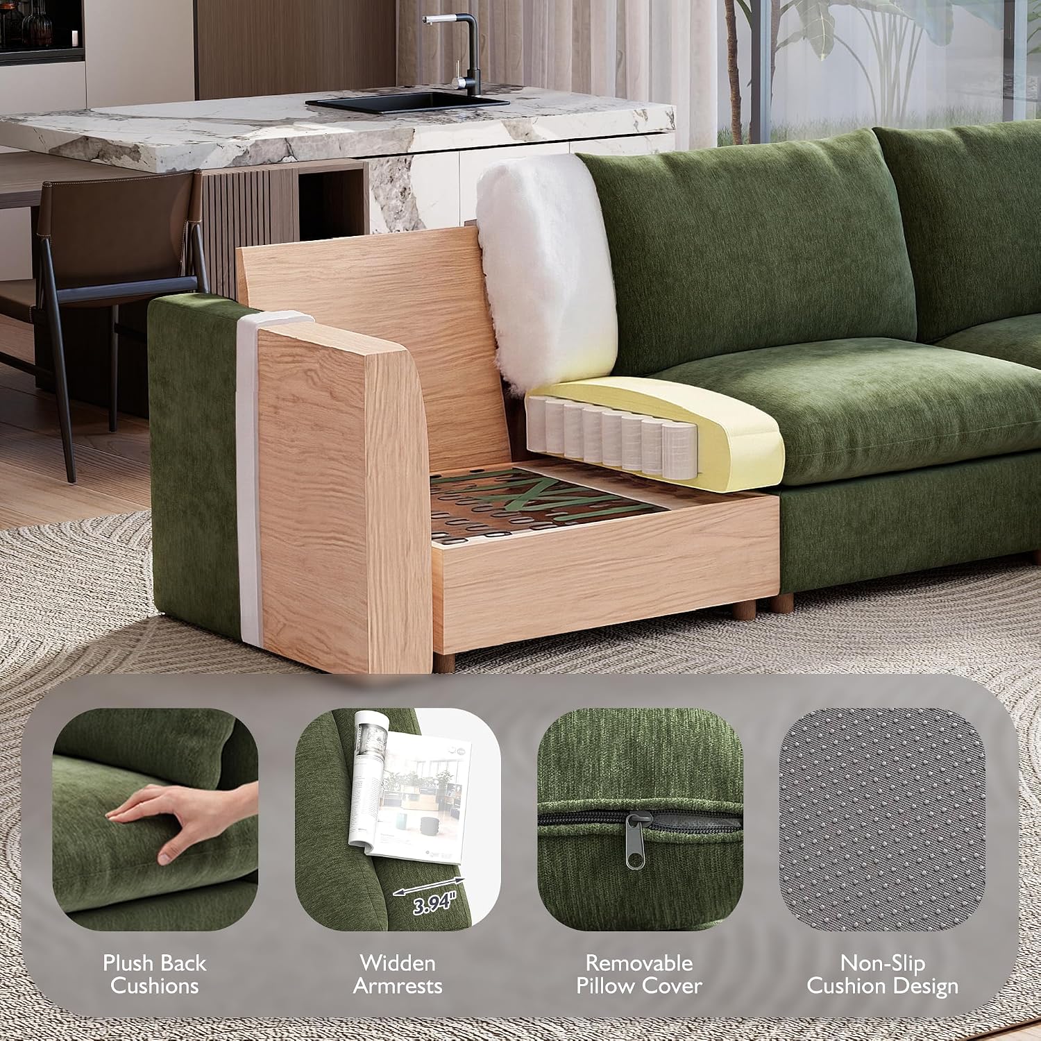 Ihanherry 117" Oversized Modular Sectional Sofa, Modern U Shaped Cloud Couch with 2 Storage Ottoman, 5-Seat Comfy Chenille Deep Seat Sofa with 2 Pillows for Living Room, Green
