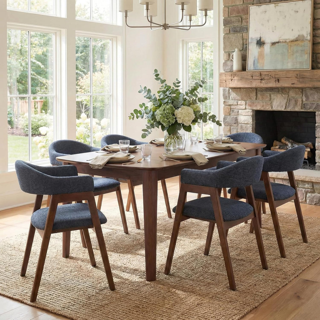 VKNOW Wooden Dining Chairs Set of 4, Modern Fabric Upholstered Kitchen Armchairs with Curved Open Back and Solid Wood Legs, Farmhouse Dining Room Chairs for Kitchen, Navy