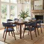 VKNOW Wooden Dining Chairs Set of 4, Modern Fabric Upholstered Kitchen Armchairs with Curved Open Back and Solid Wood Legs, Farmhouse Dining Room Chairs for Kitchen, Navy