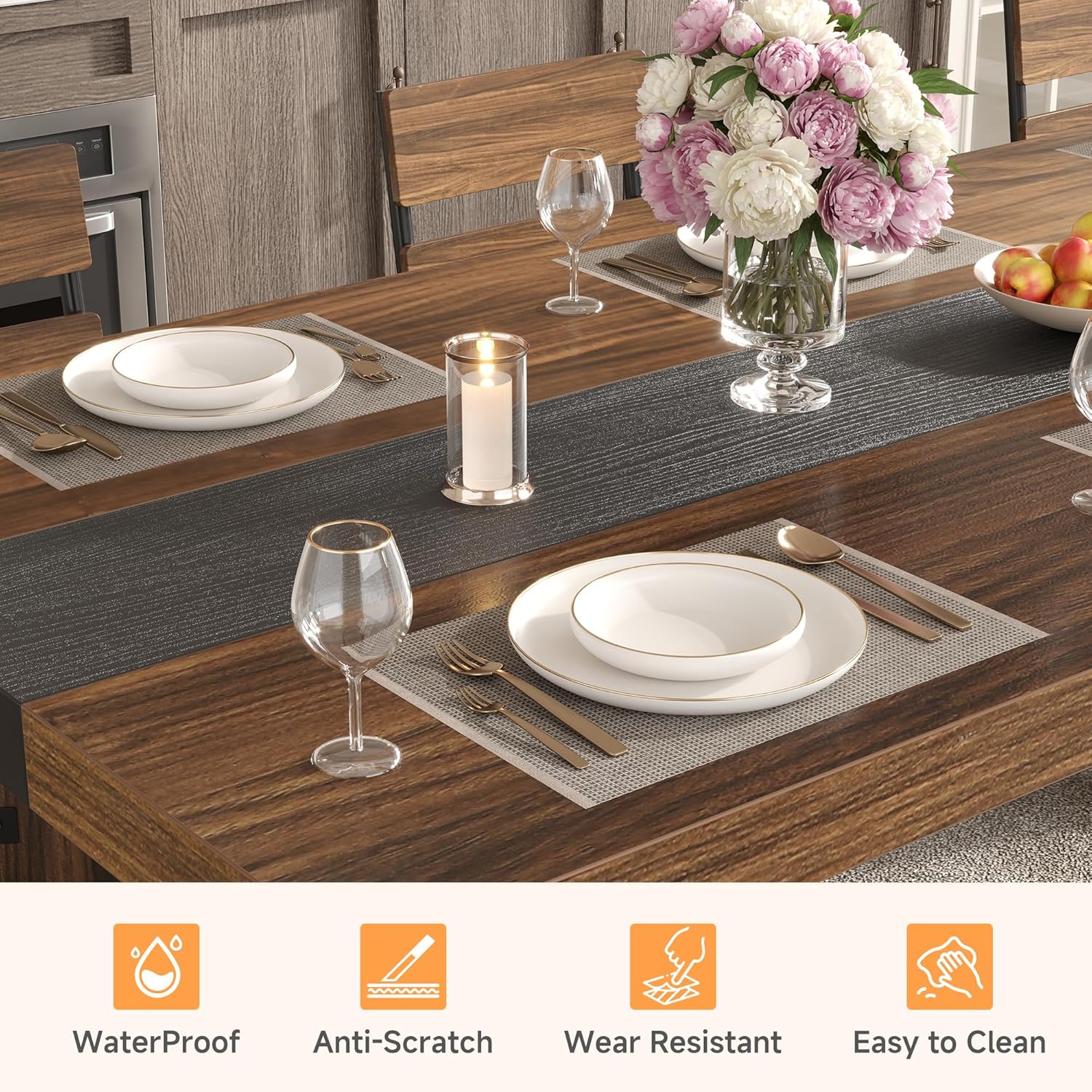 knoworld Rectangular Industrial Dining Room Table for 8 People, 71" Long Wood Kitchen Table with Strong Metal Frame, Large Dinner Room Table for Big Family, Restaurant, Party, Reddish Brown