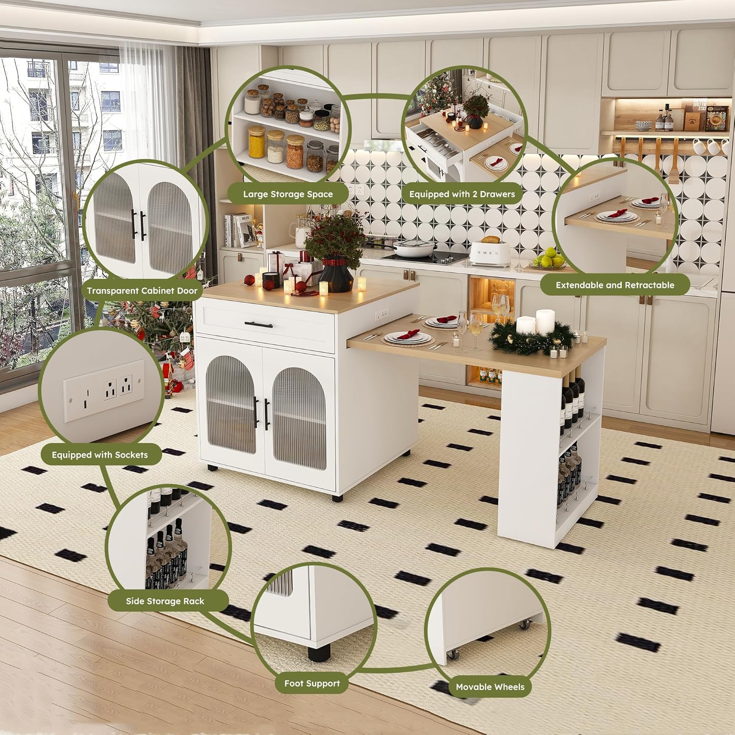 80" Kitchen Island with Extendable Dining Table, Marble-Grain Countertop with Power Outlet, Rolling Kitchen Cart with Storage Cabinet & 2 Drawers for Dining Room House Bar,White