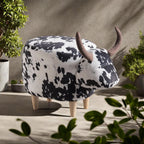 Modern Ottoman, Cow-Shaped Velvet Accent Footstool with Birch Legs for Living Room, Bedroom, Porch, Garden, Balcony Decor, Artsy Animal Print Foot Stool, Cute Foot Rest for Couch Sofa(Black + White