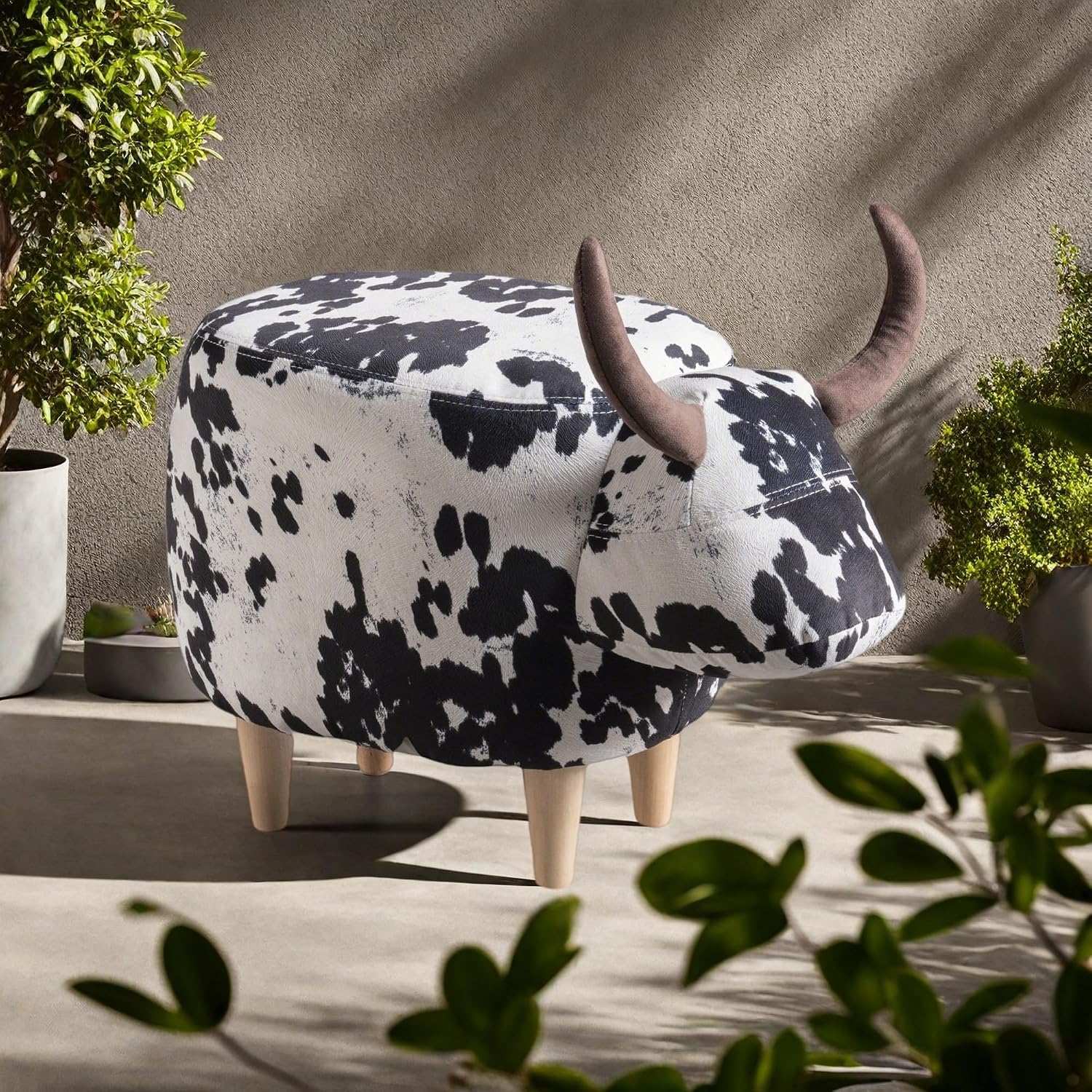 Modern Ottoman, Cow-Shaped Velvet Accent Footstool with Birch Legs for Living Room, Bedroom, Porch, Garden, Balcony Decor, Artsy Animal Print Foot Stool, Cute Foot Rest for Couch Sofa(Black + White