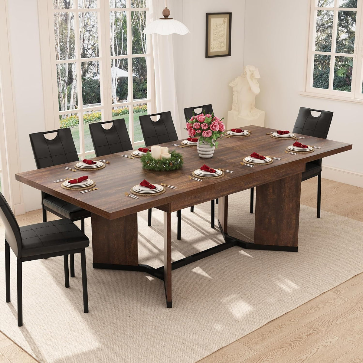 86 in Extendable Dining Table for 6 8 10 People,59"-86" Farmhouse Rectangle Extending Dining Table w/Removable Leaves Space Saving,Wooden Adjustable Tables for Kitchen Office Living Room (Brown)
