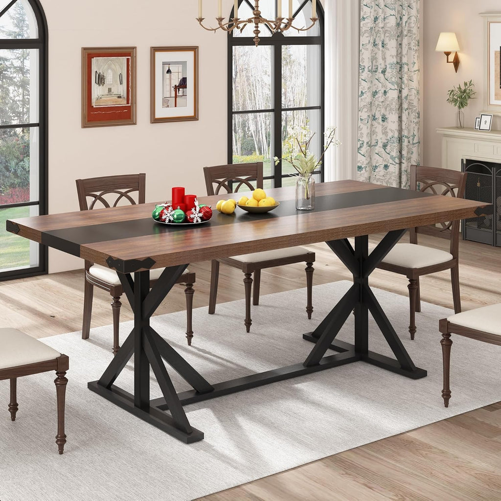 Hlivelood 71 Inch Dining Table for 6 People, Rectangular Kitchen Farmhouse Table W/Thickness Waterproof Wood Tabletop,Long Dining Room Tables W/Wood Strip Base for Kitchen Living Room(Brown&Black)