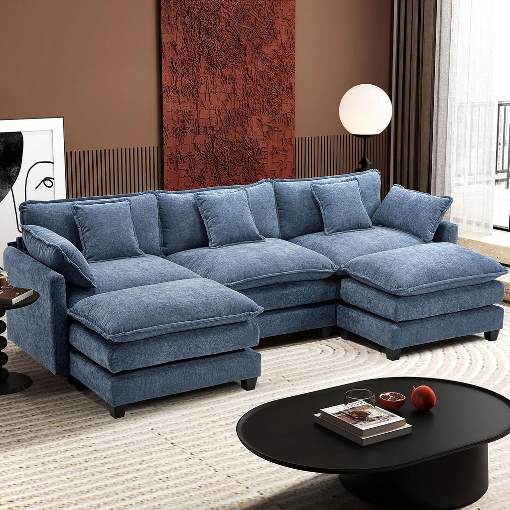 Ihanherry 111.4" U Shaped Modern Sofa Modular Sectional Cloud Couch with 2 Ottoman, 5-Seat Chenille Deep Seat Sofa with Pillow for Living Room, Bedroom and Apartment, Blue