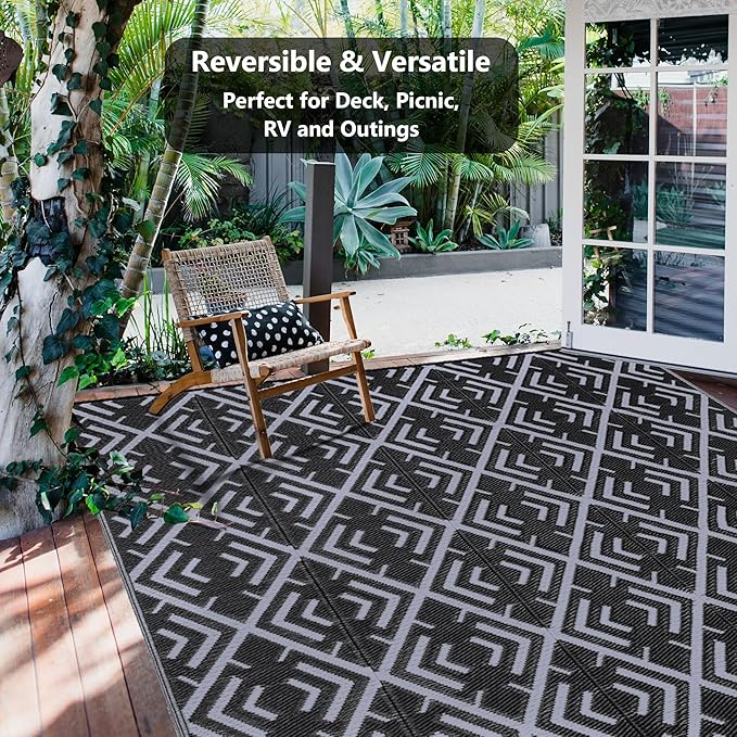 Outdoor Plastic Straw Rug, Waterproof Outdoor Rugs for Patios Clearance, Reversible Area Rug, Large Outside Carpet for Camping, Balcony, RV, Deck, Picnic, Beach (6x9ft Boho/Black&Grey)