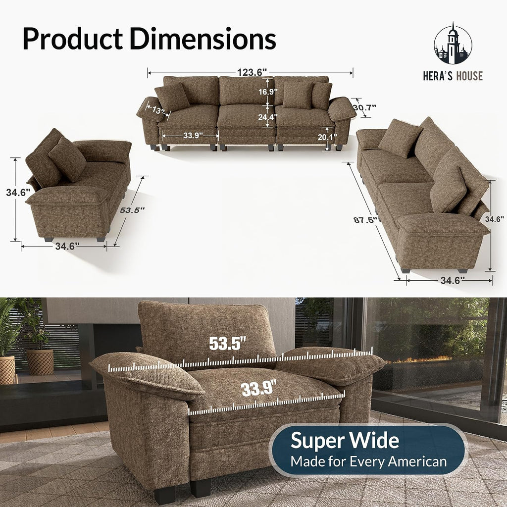 HERA'S HOUSE 3 Pieces Modular Sectional Couch Set with Armchair Loveseat | Modern 6-Seater Cloud Sofa Set , Grayish Brown, Wider Armrest, Deep Seat, Soft Chenille Furniture Set for Living Room