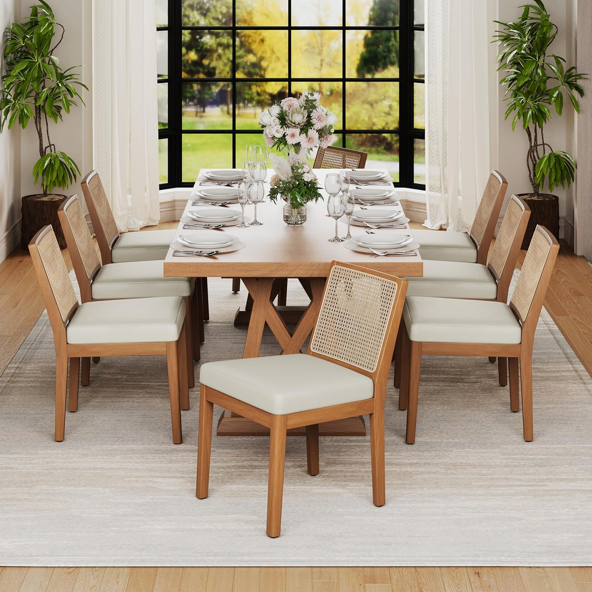 Andeworld Farmhouse Natural Rattan Dining Chairs Set of 6, Upholstered Mid Century Modern Kitchen Dining Room Side Chairs, Armless Faux Leather Kitchen Chairs with Wood Frame, Beige