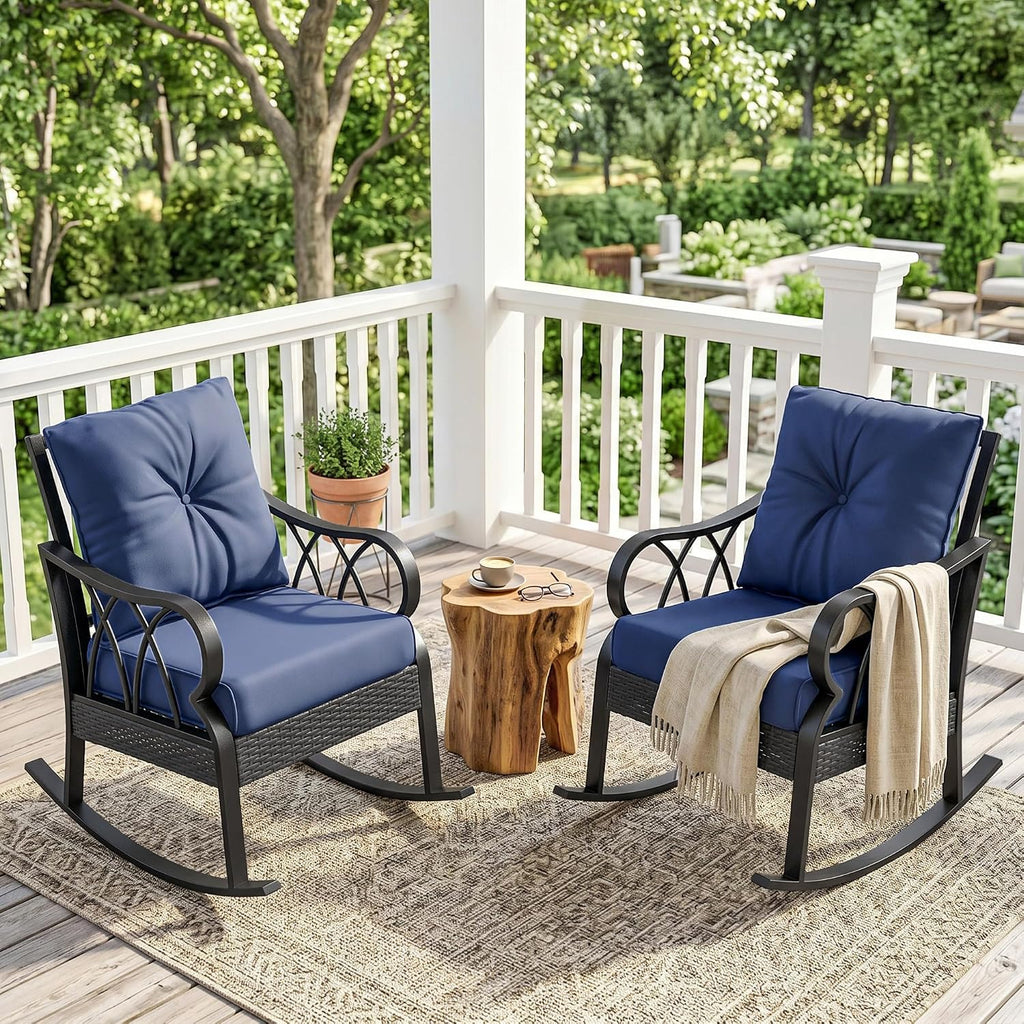 Outsunny 2 Piece Outdoor Wicker Rocking Chairs with Padded Cushions, Aluminum Furniture Rattan Porch Rocker Chairs w/Armrest for Garden, Patio, and Backyard, Blue