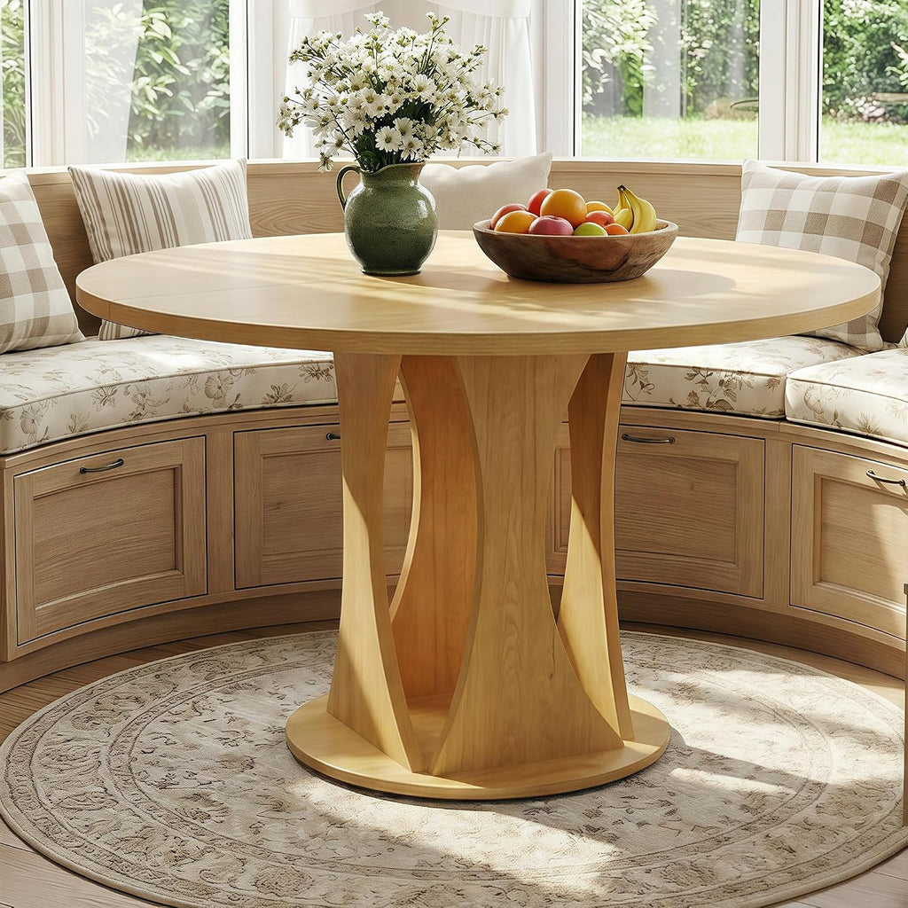 iPormis Round Dining Table, 47'' Kitchen Table for 4-6, Dining Room Dinner Table with Wooden Tabletop & Geometric Arcs Pedestal for Kitchen, Living Room, Home, Office, Oak