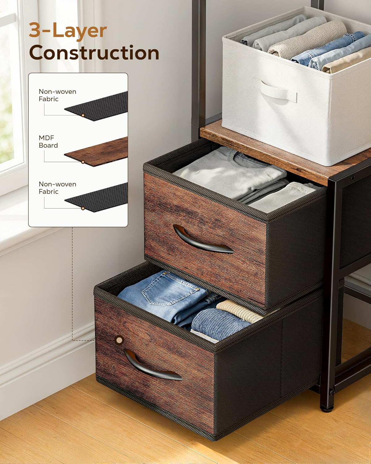 Housolution 6 Tier Corner Shelf Stand with Storage and Fabric Drawers,Brown