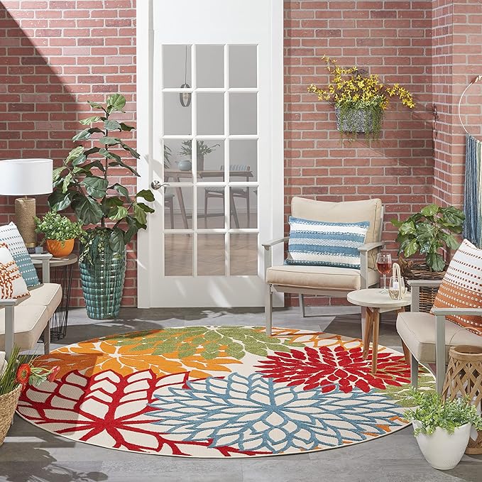 Nourison Home Aloha Indoor/Outdoor Green 7'10'' x Round Area-Rug, Tropical, Botanical, Easy Clean, Non Shedding, Bed Room, Living Room, Dining Room, Deck, Backyard, Patio (8 Round)