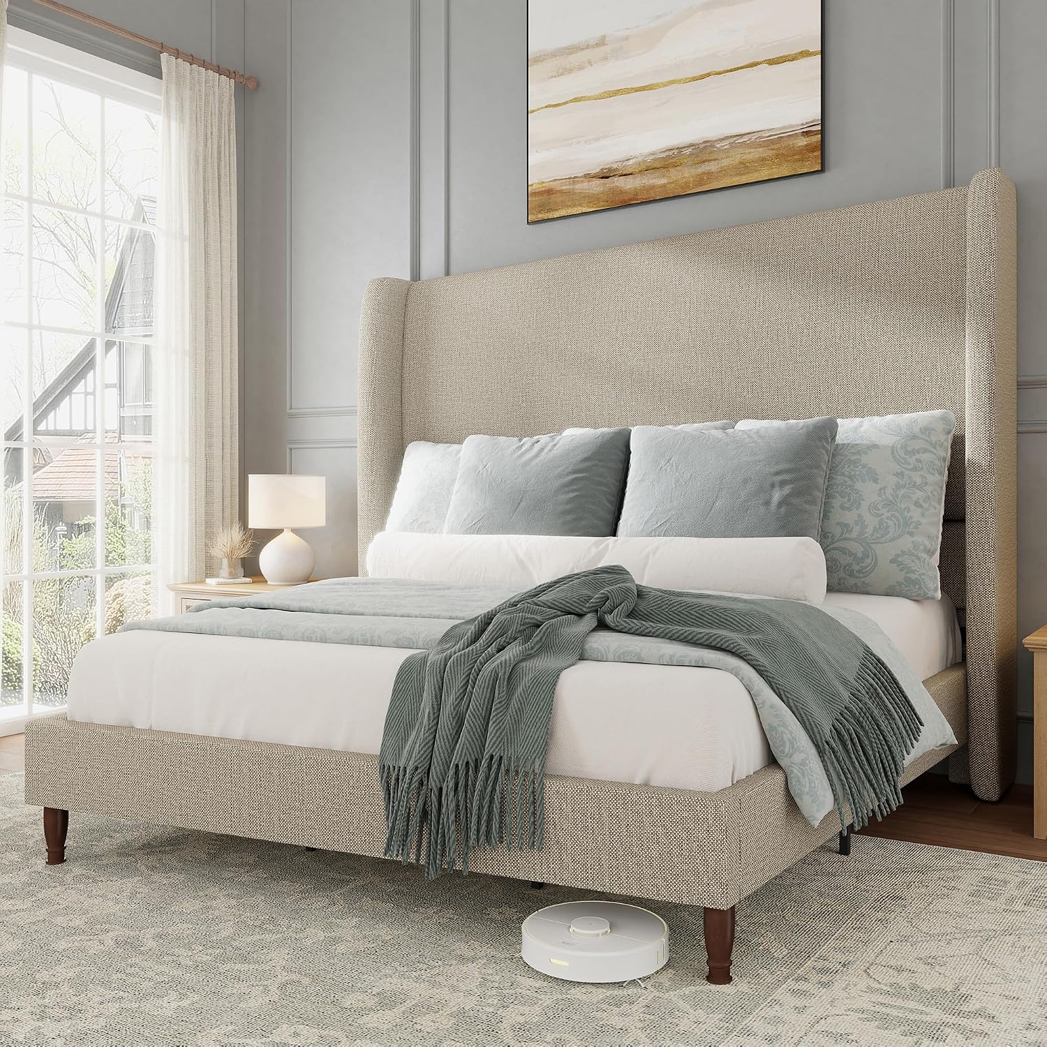Jocisland King Bed Frame Linen Upholstered Wingback Headboard, Brown