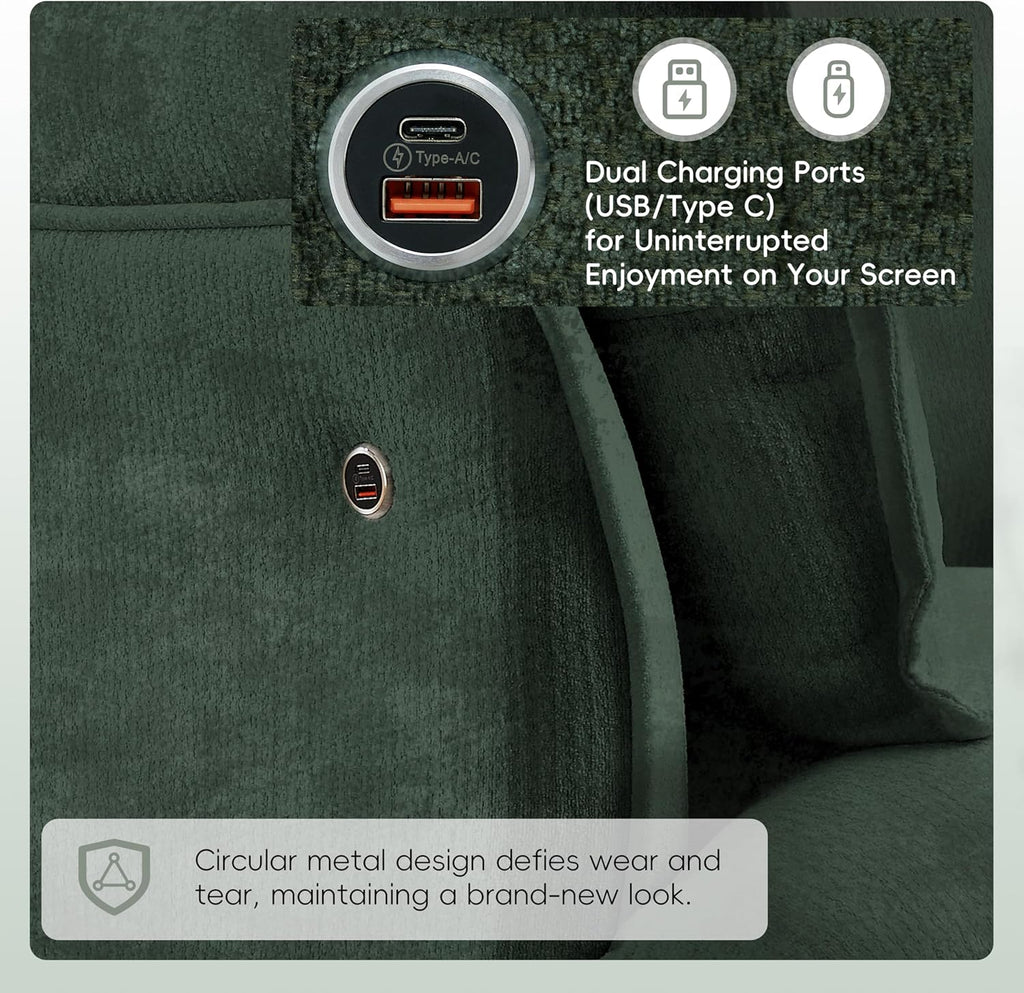 ERYE 47" Chenille Upholstered Accent Chair Wide Seat Armchair for Living Room Bedroom, Modern Upholstered Armchair W/ 2 Pillows and USB-C Ports for Home Apartment Office