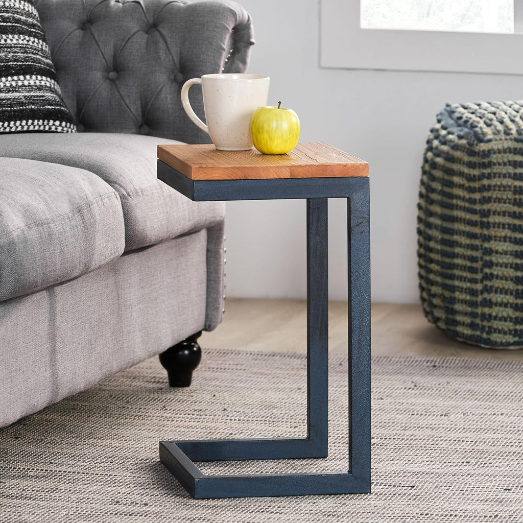 Merax 19 Inch Side Table C-Shaped End Table Small Side Table for Couch, Sofa Table, Small Spaces, Living Room, Bedroom, Black with Blue