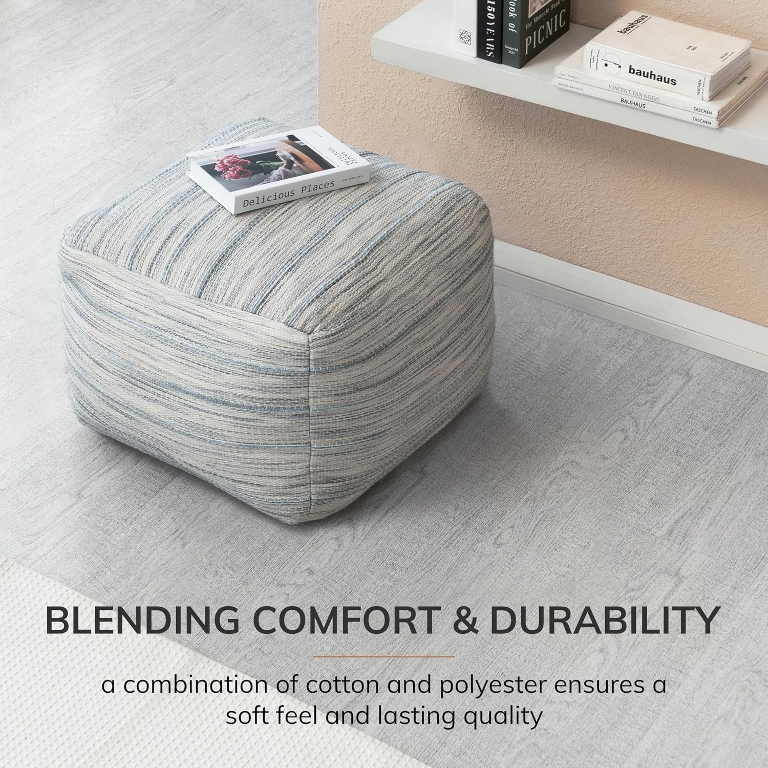 Anji Mountain 16" H x 22" W Handmade Pouf Ottoman for Living Room & Couch | Soft & Fluffy Ottoman Pouf, Lightweight, Decorative Floor Pouf Seating for Bedroom & Home Décor Accent, Joya Gray