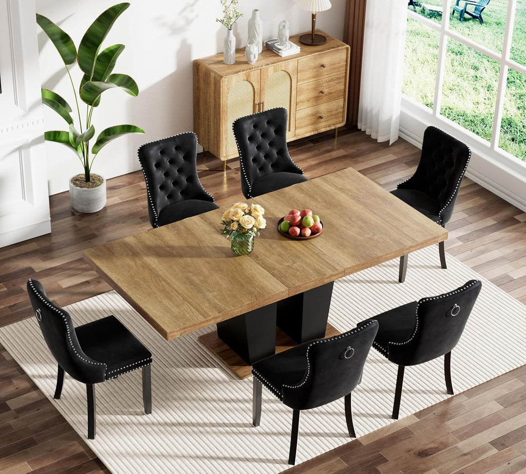 Extendable Dining Table Set for 6-8, 63"-78.7" Farmhosue Kitchen Table Set with 6 Upholstered Chairs, 7-Piece Rectangle Dining Room Table Set with Heavy Duty Pedestal for Small Place Apartment