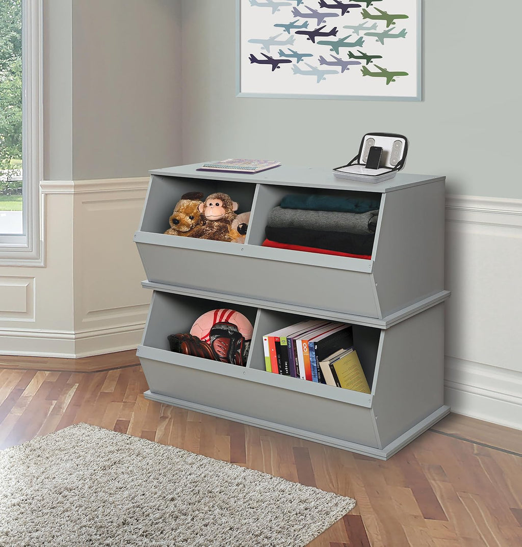 Badger Basket Two Bin Stackable Toy Storage Cubby Organizer – Modular Storage for Toys, Books, and Crafts – Solid Wood Panel – Gray