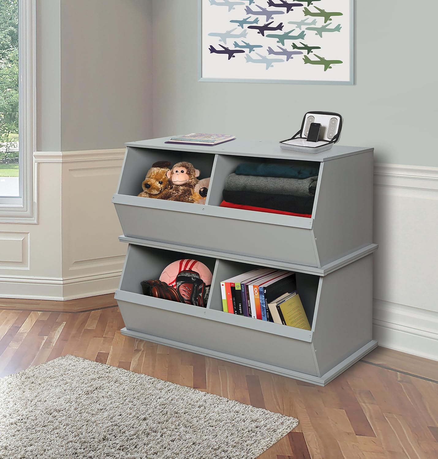 Badger Basket Two Bin Stackable Toy Storage Cubby Organizer – Modular Storage for Toys, Books, and Crafts – Solid Wood Panel – Gray