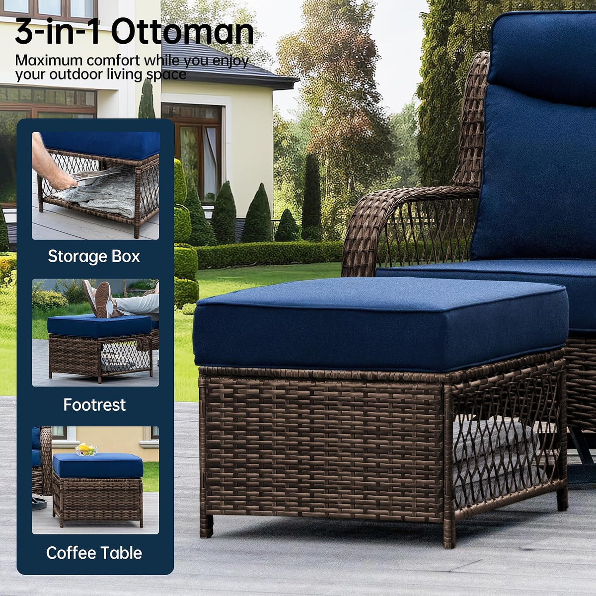 PIZZELLO Outdoor Swivel Rocker Chairs 5 Pieces Wicker Swivel Patio Chair w/Ottomans, Side Table, 5" Extra Thick Cushions and 25" Full Support Back, Patio Furniture Set for Outside Backyard