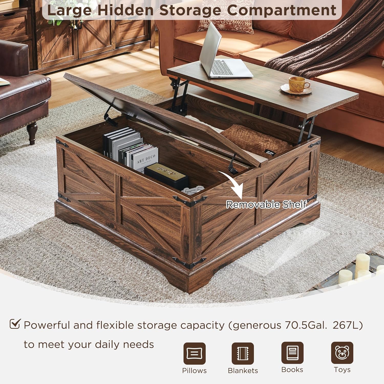 JXQTLINGMU 3-Piece Farmhouse Coffee Table and End Table Sets, Includeds 36" Lift Top Square Coffee Table w/Storage & 2 Rustic Wood End Tables w/Charging Station & Barn Doors for Living Room, Brown
