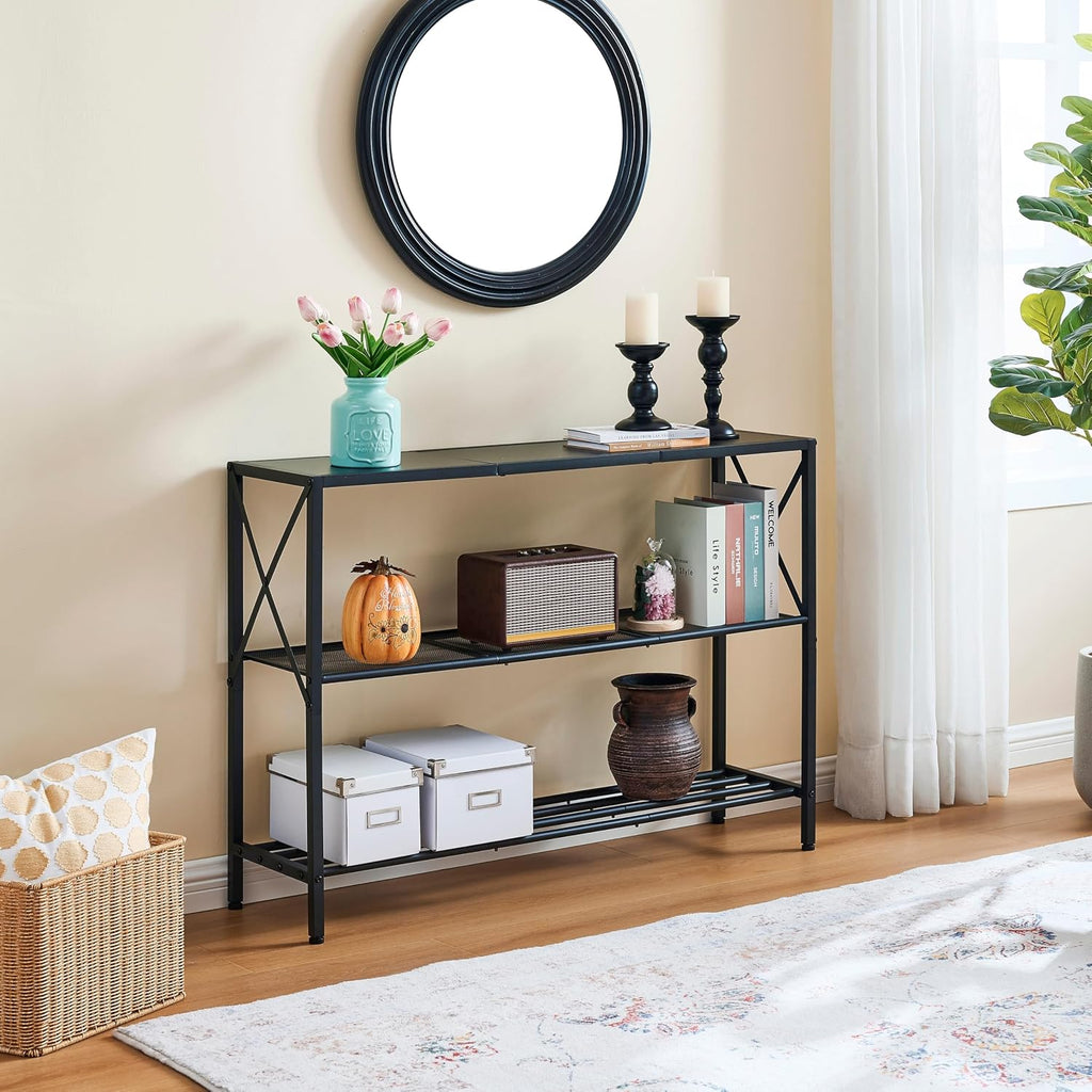 Hoctieon Industrial Console Table, 3 Tier Entryway Table, Hallway Table, Narrow Sofa Table with Shelves, Entrance Table for Entryway, Living Room, Foyer, Hallway, Office, Black
