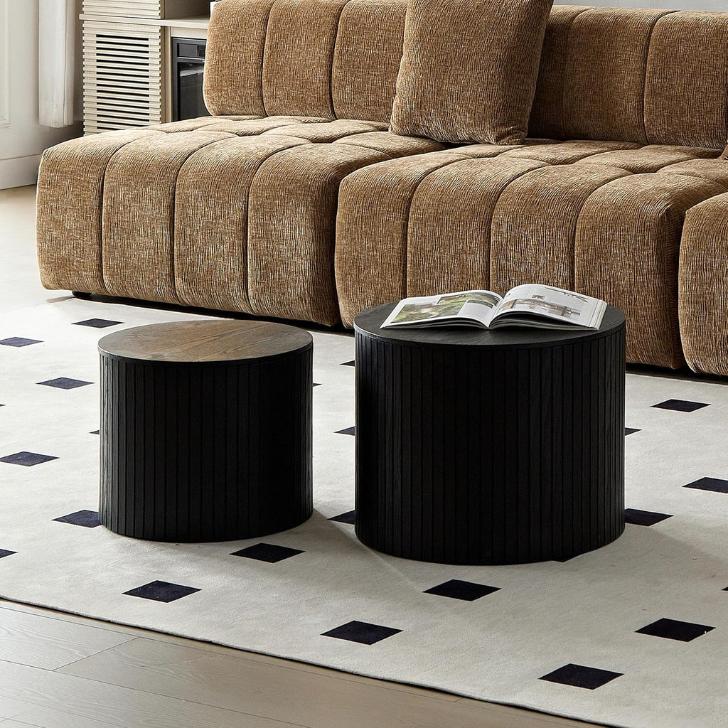 Round Nesting Coffee Table Set of 2, Wood Side Tables with Storage | Fluted Walnut Accent and End Tables Sets, Mid Century Modern, Living room, bedroom, office, small spaces, Black