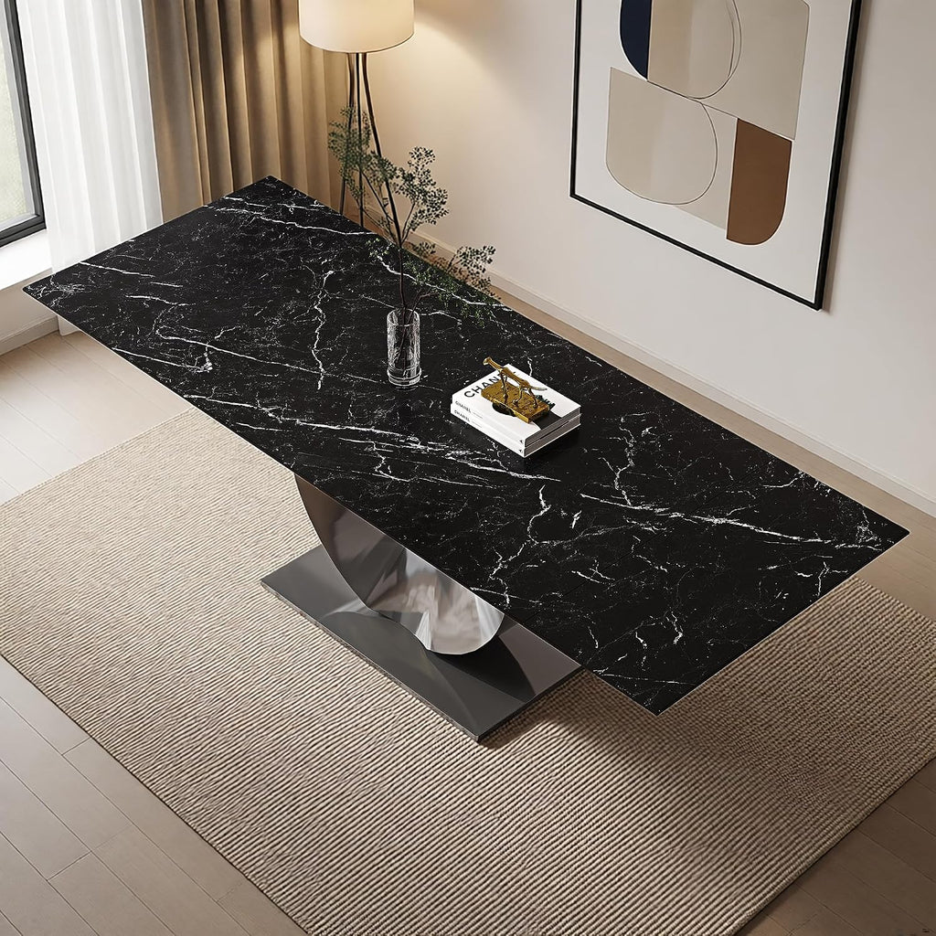 Modern Expandable Dining Table 62.99" to 94.48", 6-10" Marble Look Sintered Stone Rectangular Dining Table with Black Carbon Steel Crescent Legs, Save Dining Room Kitchen Space (Knight Black)