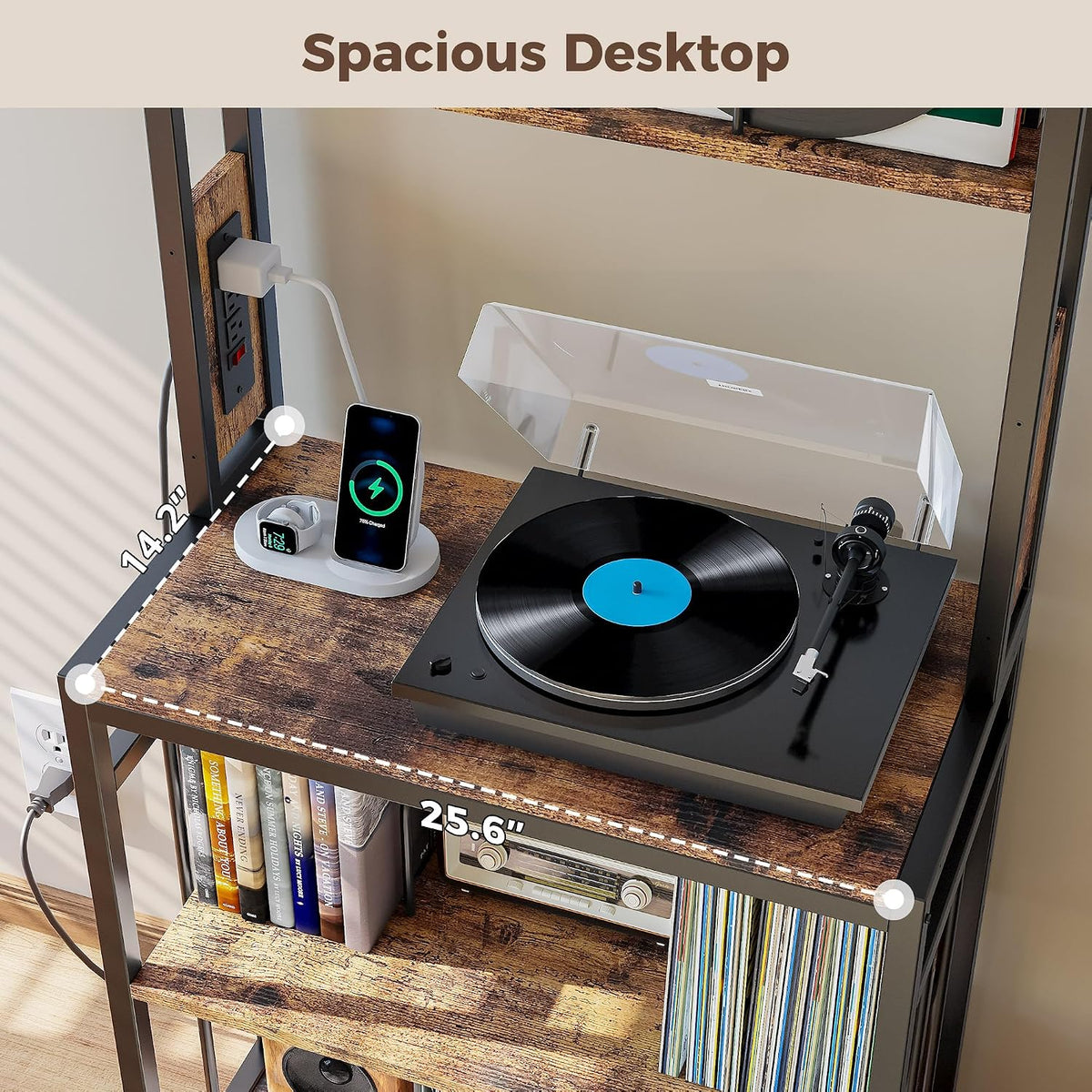 IRONCK Record Player Stand with Storage, Turntable Stand for Living Room | 2-Tier Vinyl Record Shelf with Charge Station, Record Rack Holds Up to 300+ Albums