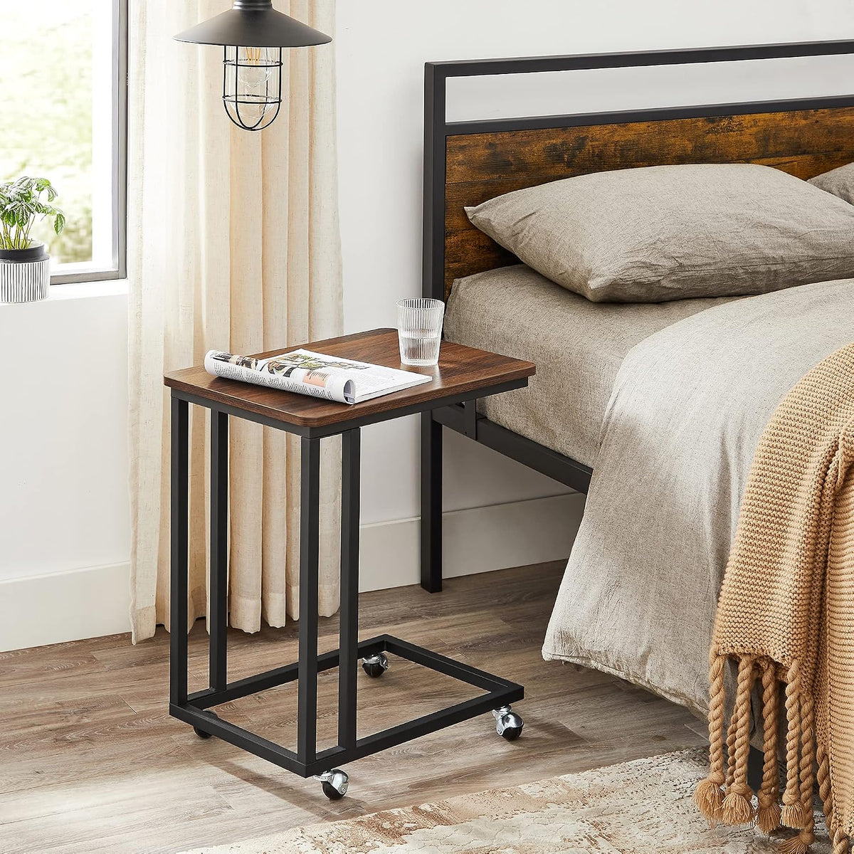 VASAGLE C Shape End Table for Couch or Sofa, Industrial Small Side Table | TV Tray With Wheel, Coffee Table in Living Room, Bedroom, 19.7 x 13.8 x 23.6 Inches, Dark Walnut and Black ULNT50Z