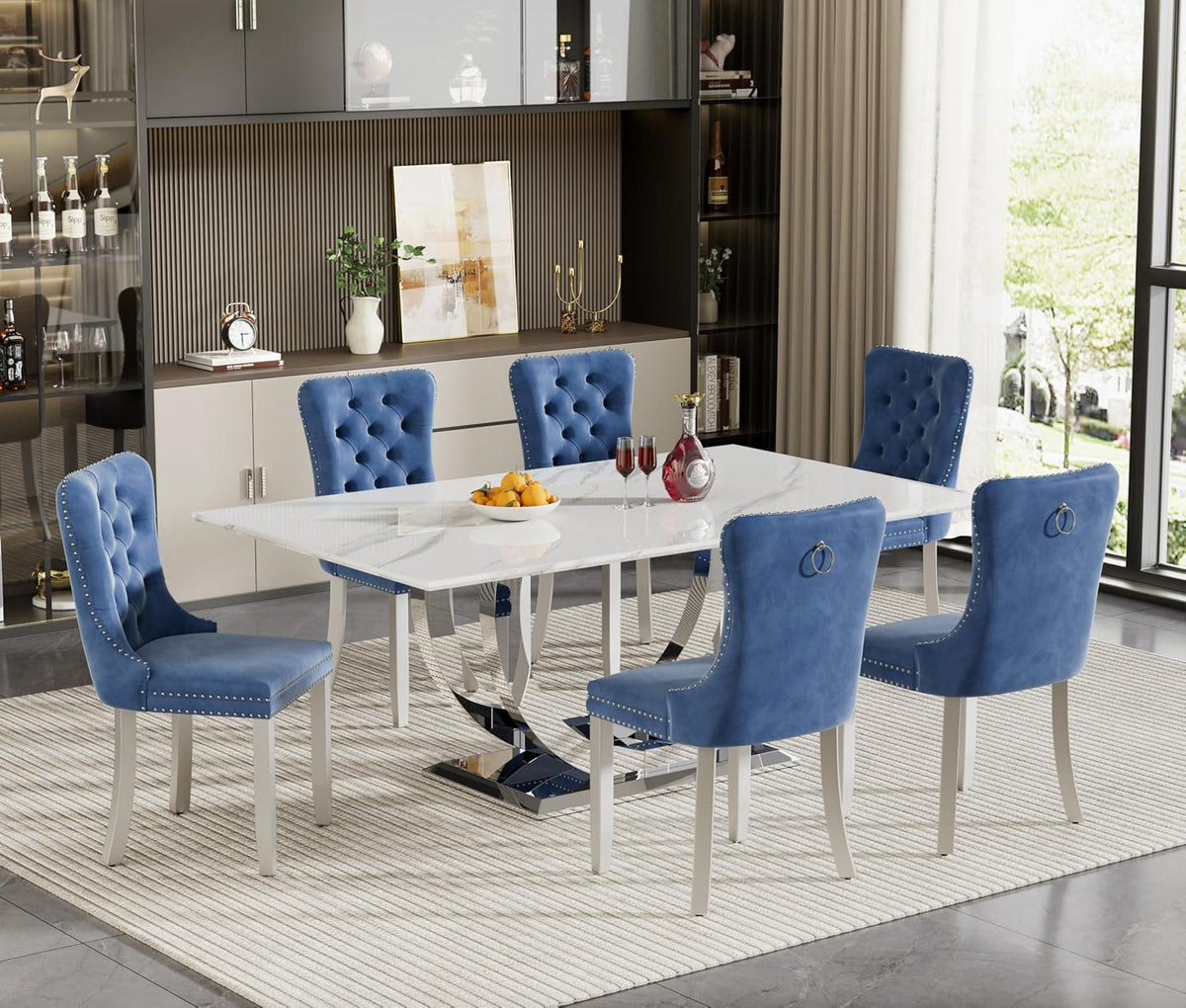 7 Piece Marble Dining Table Set for 6, 69.3" White Silver Kitchen Table with 6 Blue Chairs,Modern Rectangle Dinner Table and Chairs Set with U-Shaped Stainless Steel Base for Dining Room