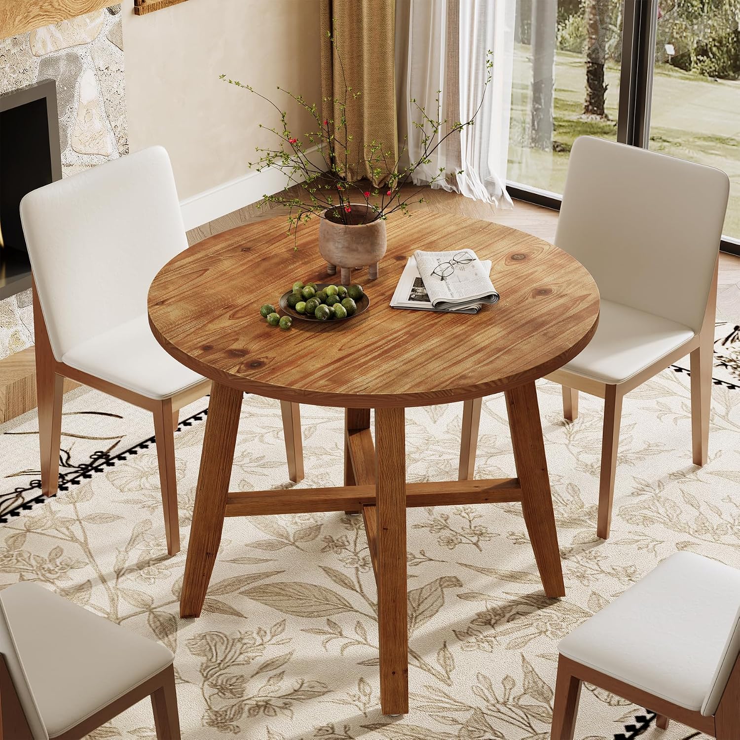 31.5-Inch Round Dining Table for 2-4, Solid Wood Farmhouse Kitchen Table for Living Room, Dining Room, Apartment (Brown)