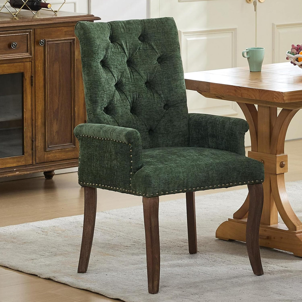 Chenille Tufted Dining Chairs with High Back,Neutral Fabric Upholstered Kitchen Chair with Rustic Solid Wood Legs,Farmhouse Side Chairs with Arms Nailhead Trim for Dining Room (Olive, 1PC)