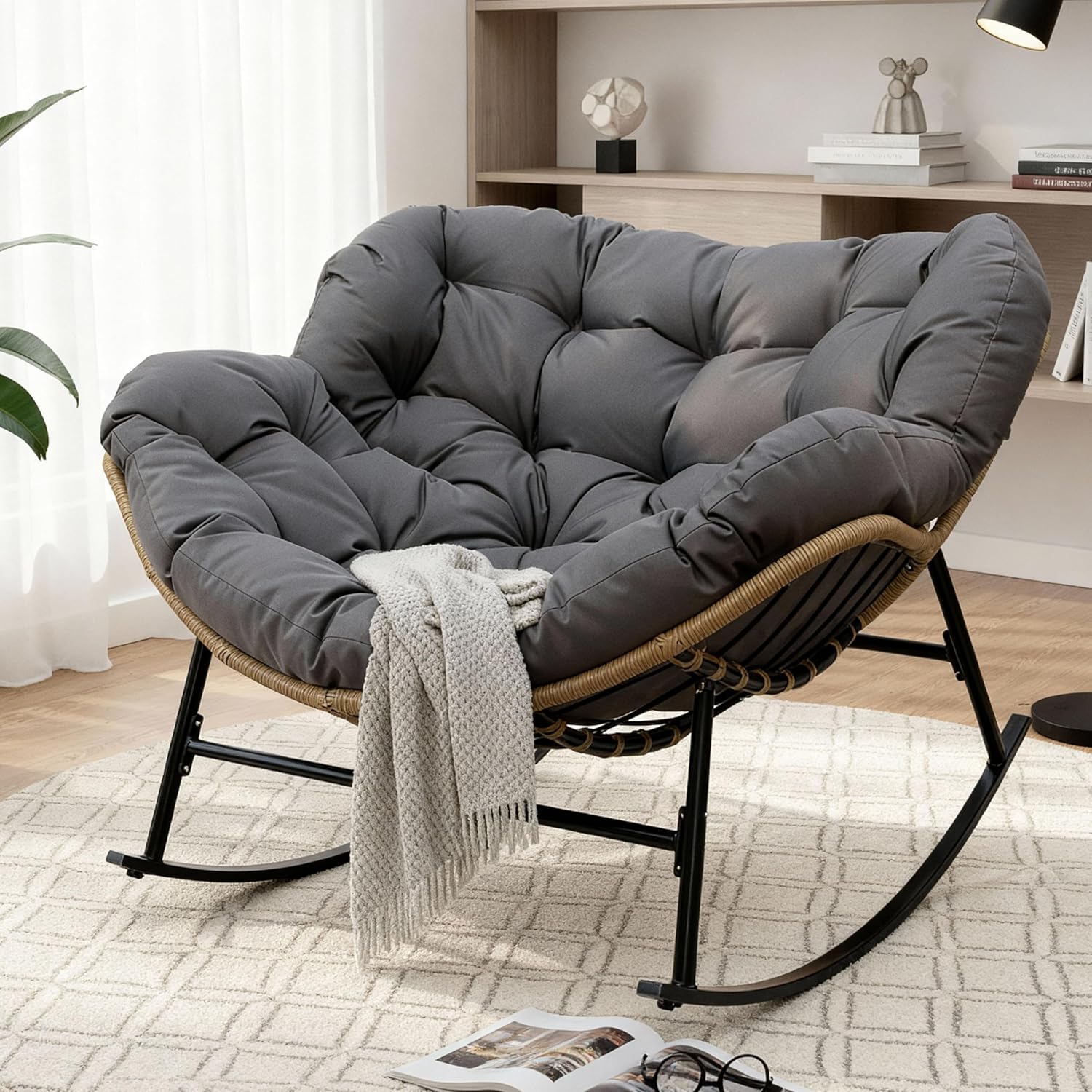 FINCATI Indoor Outdoor Papasan Rocking Chair, Large Rocking Lounge Chair
