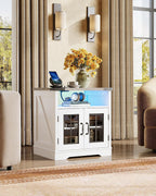 WLIVE Farmhouse End Table, 24" Side Table with Charging Station, LED Farmhouse Nightstand with Adjustable Storage Shelf for Living Room, Bedroom, Office, Rustic Wood Bedside Table, Greige