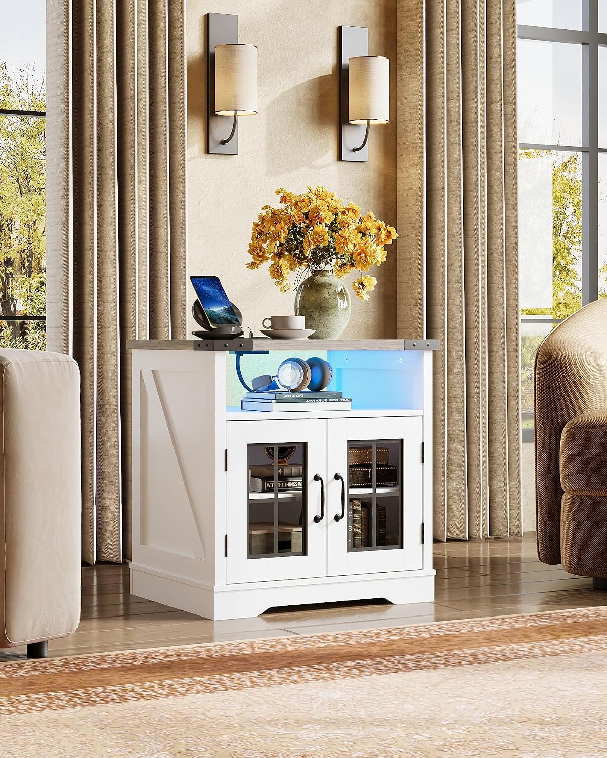 WLIVE Farmhouse End Table, 24" Side Table with Charging Station, LED Farmhouse Nightstand with Adjustable Storage Shelf for Living Room, Bedroom, Office, Rustic Wood Bedside Table, Greige