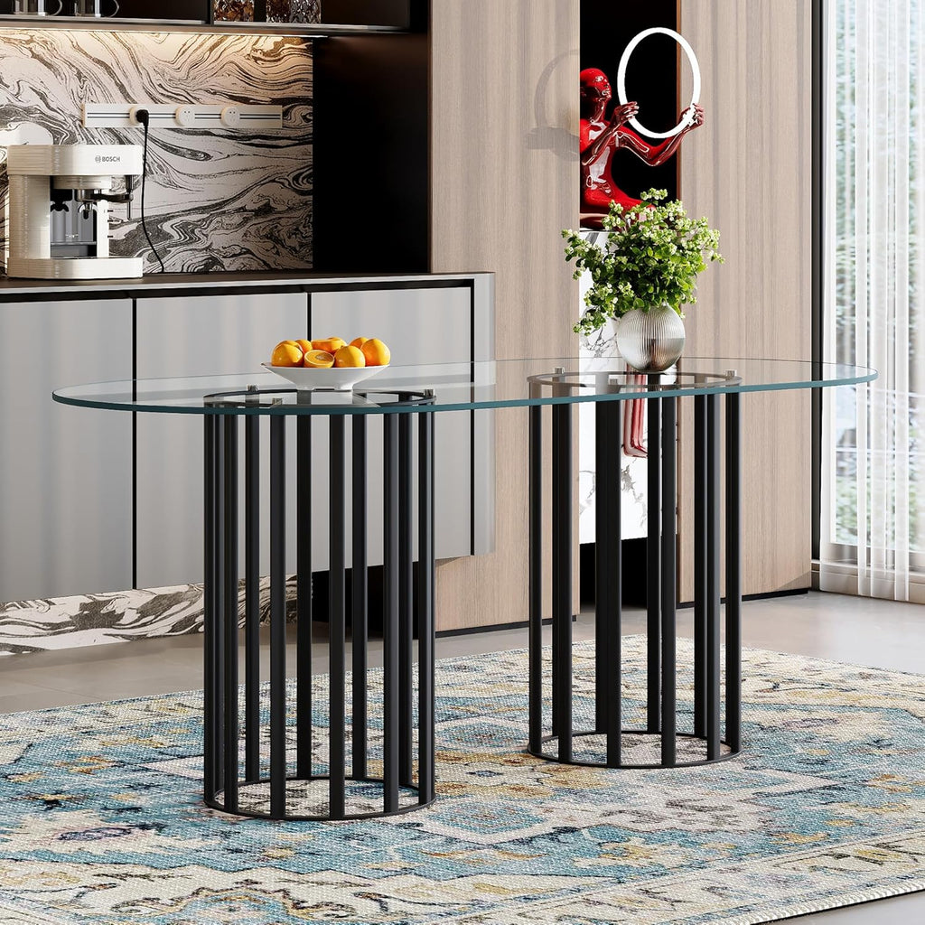 Oval Tempered Glass Dining Table for 4-8 People, 71'' Tall Kitchen Tables for Small Spaces, Modern Dinning Room Furniture, Metal Pillar Base, for Living Room, Kitchen, Dining Room, Black