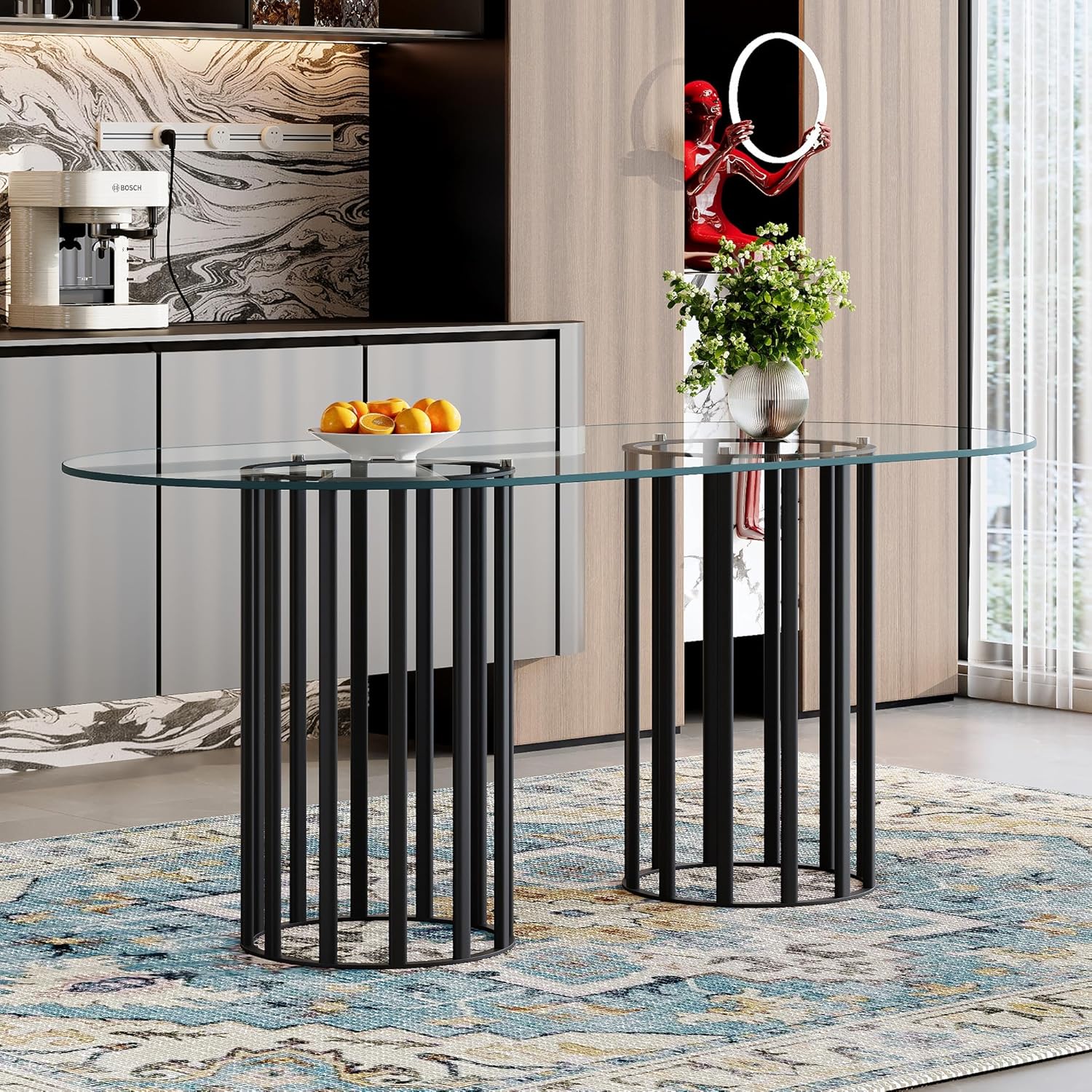 Oval Tempered Glass Dining Table for 4-8 People, 71'' Tall Kitchen Tables for Small Spaces, Modern Dinning Room Furniture, Metal Pillar Base, for Living Room, Kitchen, Dining Room, Black