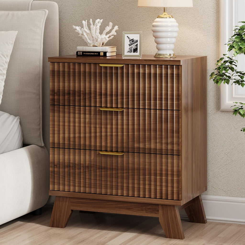 Xixini Fluted Nightstand, 24" Wide Side Table with 3 Large Storage Drawers, Mid Century Modern Wood Night Stand with Metal Handle, Wooden Bedside End Table for Bedroom, Walnut