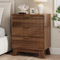 Xixini Fluted Nightstand, 24" Wide Side Table with 3 Large Storage Drawers, Mid Century Modern Wood Night Stand with Metal Handle, Wooden Bedside End Table for Bedroom, Walnut